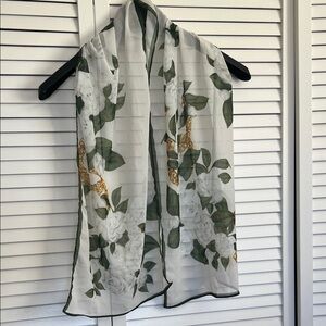 Unique Vintage White Floral & Green Leaf Sheer Scarf with Gold Accents